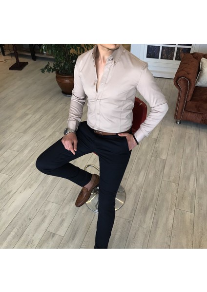 İtalyan Stil Slim Fit Dik Yaka Saten Erkek Gömlek Bej T4751 fiyatları