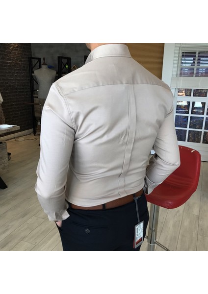 İtalyan Stil Slim Fit Dik Yaka Saten Erkek Gömlek Bej T4751 modelleri