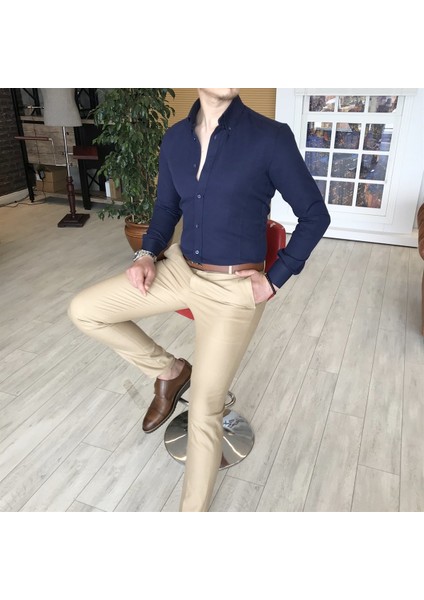 İtalyan Stil Slim Fit Dik Yaka Saten Erkek Gömlek Koyu Lacivert T4740
