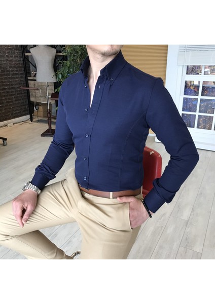 İtalyan Stil Slim Fit Dik Yaka Saten Erkek Gömlek Koyu Lacivert T4740 modelleri