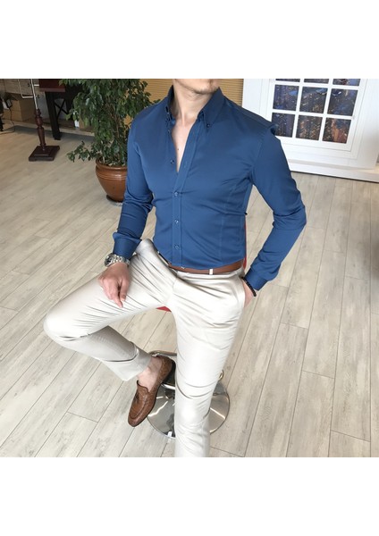 İtalyan Stil Slim Fit Dik Yaka Saten Erkek Gömlek Lacivert T4752