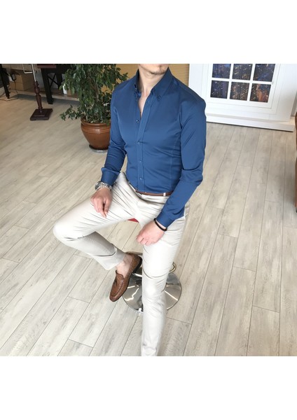 İtalyan Stil Slim Fit Dik Yaka Saten Erkek Gömlek Lacivert T4752