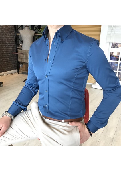 İtalyan Stil Slim Fit Dik Yaka Saten Erkek Gömlek Lacivert T4752