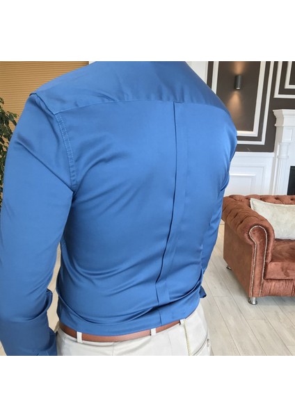İtalyan Stil Slim Fit Dik Yaka Saten Erkek Gömlek Lacivert T4752