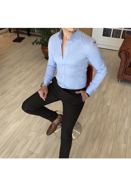 İtalyan Stil Slim Fit Dik Yaka Saten Erkek Gömlek Mavi T4750 fiyatları