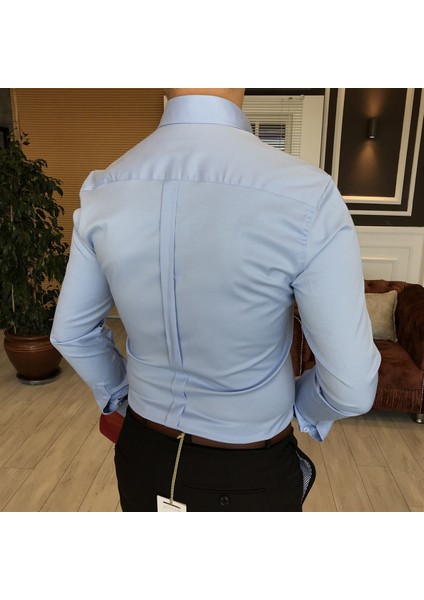 İtalyan Stil Slim Fit Dik Yaka Saten Erkek Gömlek Mavi T4750 fırsatları