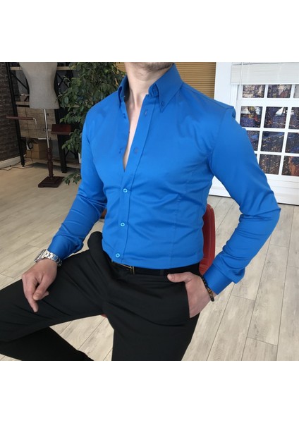 İtalyan Stil Slim Fit Dik Yaka Saten Erkek Gömlek Saks T4744