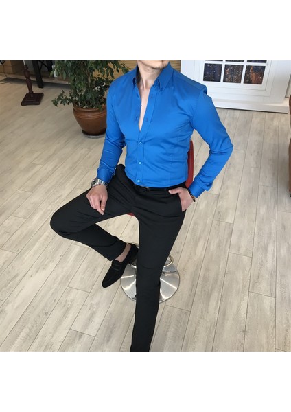 İtalyan Stil Slim Fit Dik Yaka Saten Erkek Gömlek Saks T4744