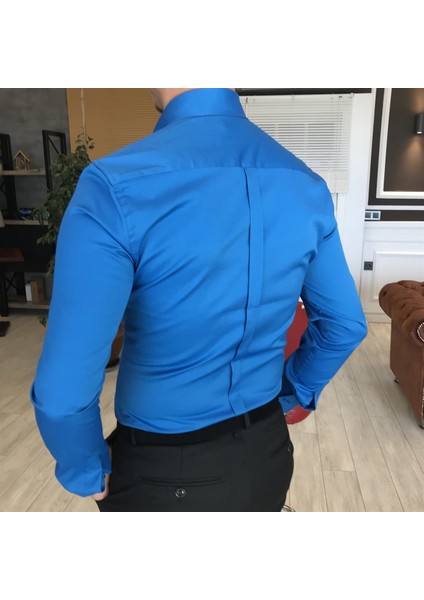 İtalyan Stil Slim Fit Dik Yaka Saten Erkek Gömlek Saks T4744