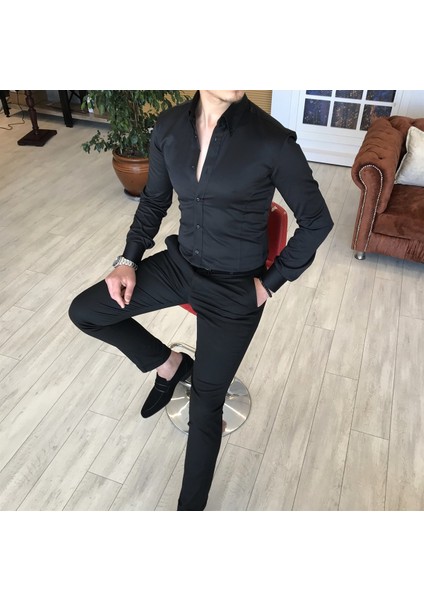 İtalyan Stil Slim Fit Dik Yaka Saten Erkek Gömlek Siyah T4739