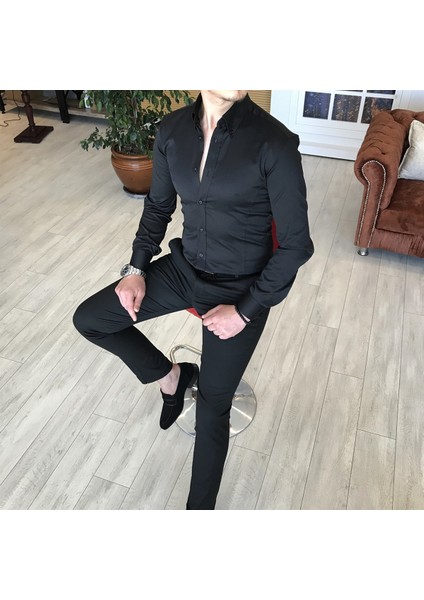 İtalyan Stil Slim Fit Dik Yaka Saten Erkek Gömlek Siyah T4739