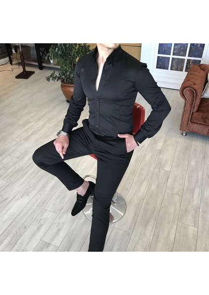 İtalyan Stil Slim Fit Dik Yaka Saten Erkek Gömlek Siyah T4739