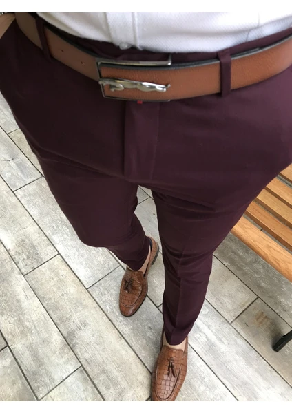 Terzi Adem İtalyan Stil Slim Fit Erkek Kumaş Pantolon Bordo T4423