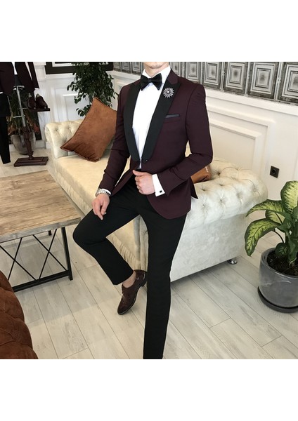 İtalyan Kesim Ceket Pantolon Gömlek Bordo Damatlık Set T3563