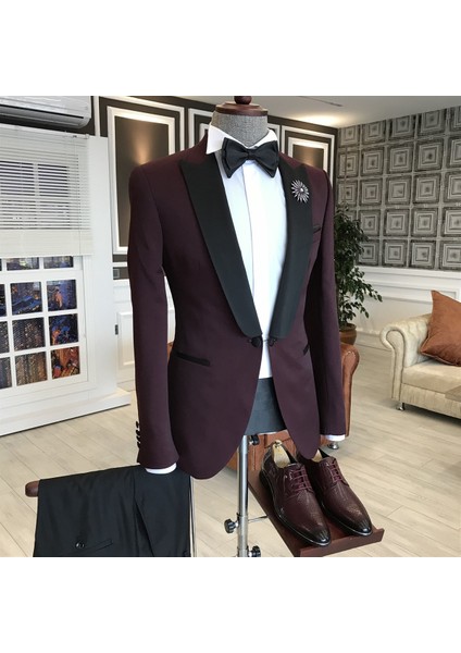 İtalyan Kesim Ceket Pantolon Gömlek Bordo Damatlık Set T3563