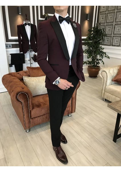 İtalyan Kesim Ceket Pantolon Gömlek Bordo Damatlık Set T3563