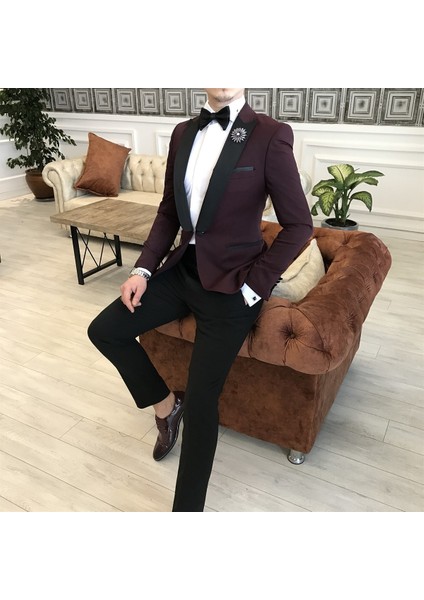 İtalyan Kesim Ceket Pantolon Gömlek Bordo Damatlık Set T3563