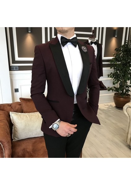 İtalyan Kesim Ceket Pantolon Gömlek Bordo Damatlık Set T3563