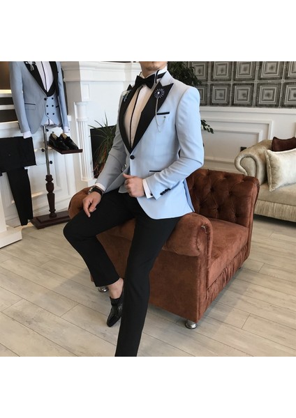 İtalyan Kesim Ceket Yelek Pantolon Mavi Damatlık Set T3461