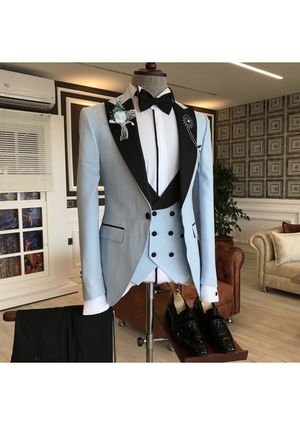 İtalyan Kesim Ceket Yelek Pantolon Mavi Damatlık Set T3461