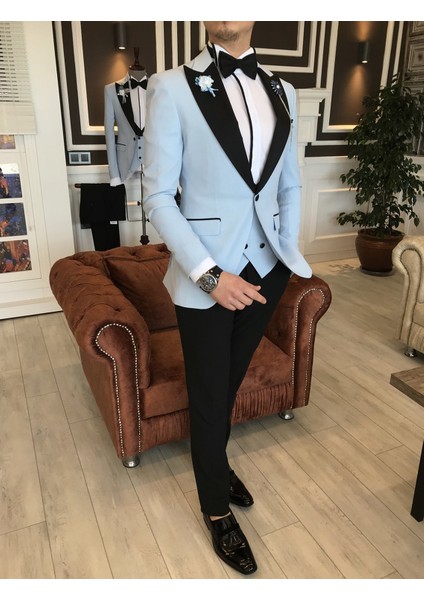 İtalyan Kesim Ceket Yelek Pantolon Mavi Damatlık Set T3461