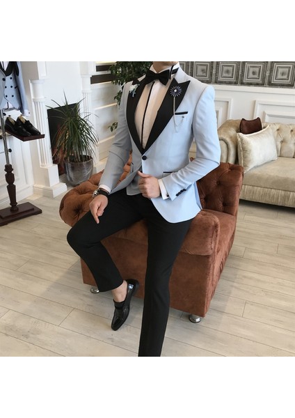 İtalyan Kesim Ceket Yelek Pantolon Mavi Damatlık Set T3461