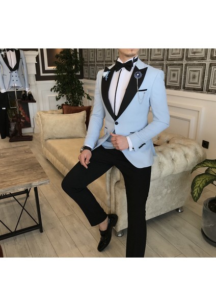 İtalyan Kesim Ceket Yelek Pantolon Mavi Damatlık Set T3461