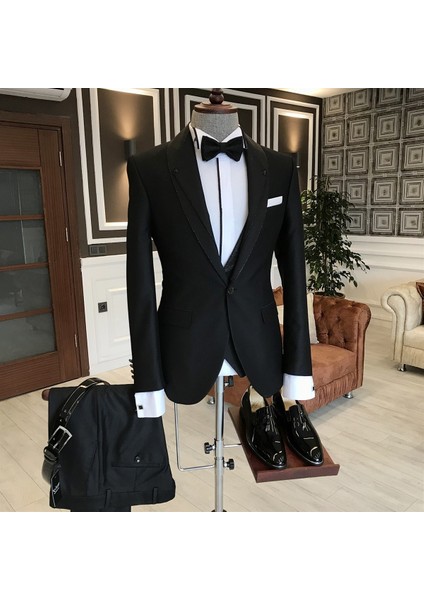 İtalyan Kesim Ceket Yelek Pantolon Siyah Damatlık Set T3747