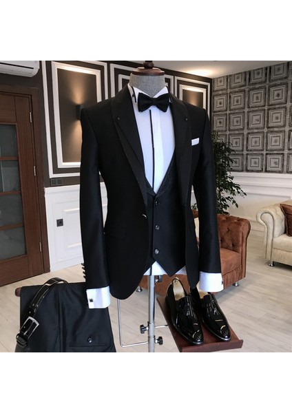 İtalyan Kesim Ceket Yelek Pantolon Siyah Damatlık Set T3747