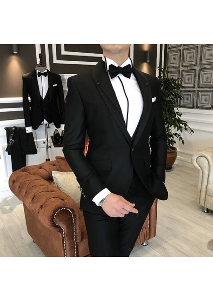 İtalyan Kesim Ceket Yelek Pantolon Siyah Damatlık Set T3747