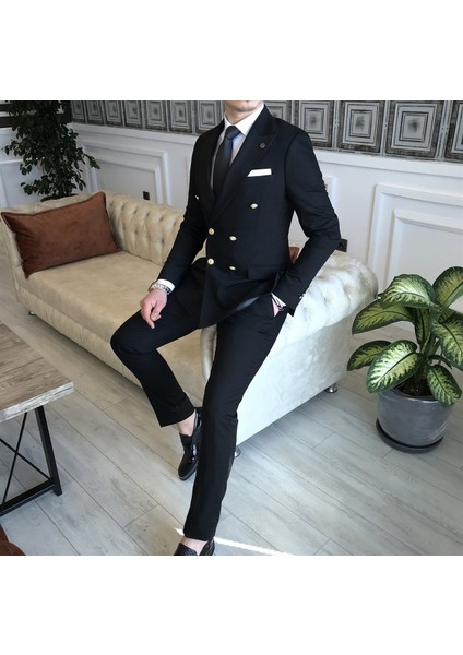 İtalyan Stil Kruvaze Ceket Pantolon Takım Elbise Siyah T4340