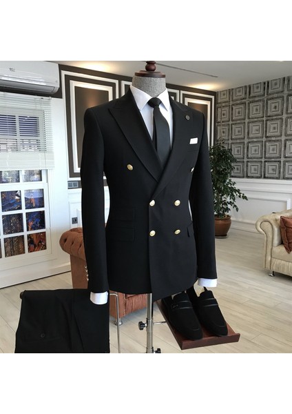 İtalyan Stil Kruvaze Ceket Pantolon Takım Elbise Siyah T4340