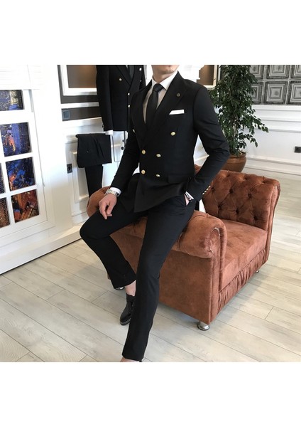 İtalyan Stil Kruvaze Ceket Pantolon Takım Elbise Siyah T4340