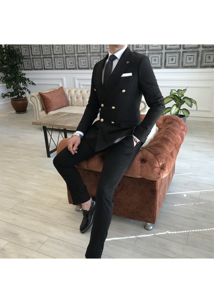 İtalyan Stil Kruvaze Ceket Pantolon Takım Elbise Siyah T4340