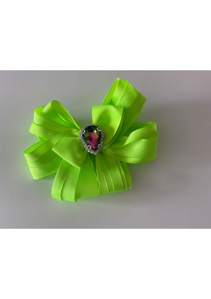 Neon Yeşil Kristal Taşlı Fiyonklu Klipsli Toka