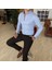 İtalyan Stil Slim Fit Dik Yaka Saten Erkek Gömlek Mavi T4750 3