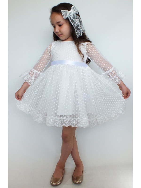 Masal Dünyası Beyaz Dantelli Kız Çocuk Elbise