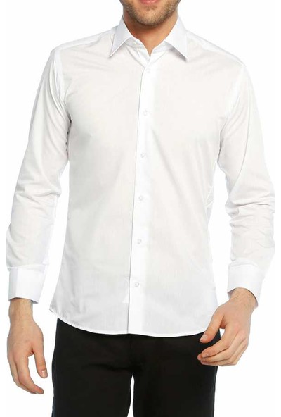 Dicotto Beyaz Slim Fit Düz Renk Uzun Kol Erkek Gömlek - 151-1