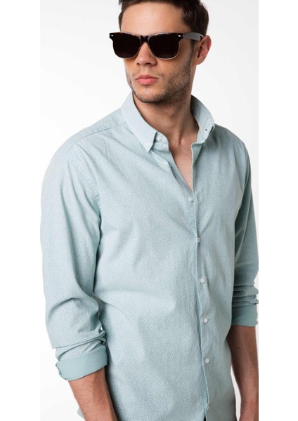Erkek Modern Fit Mikro Desenli Gömlek Mint