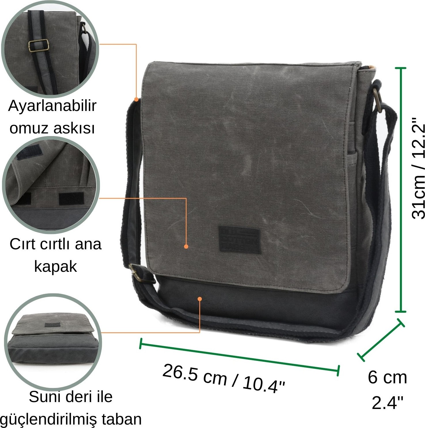 Old Cotton Cargo 7112 Postacı Omuz Çantası Bayan ve Erkek için Çapraz Su Geçirmez Mumlu Kanvas Çok Bölmeli Gözlü Okul Tablet Çanta - Antrasit görsel 8