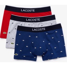 Lacoste Erkek Desenli 3'Lü Lacivert - Gri -Kırmızı Boxer 5H3411.W3T