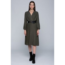 Miss Lusi 7432424 Beli Lastikli Kruvaze Uzun Kol Elbise