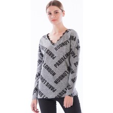 Miss Lusi 83610011 Yumoş Yakası Dantel Paris Baskılı Uzun Kol Tunik