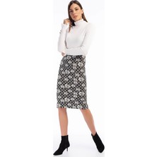 Miss Lusi 8481527 Jakar Desenli Beli Lastikli Yırtmaçlı Kalem Etek