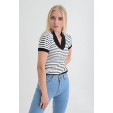 Miss Lusi 9152988 Kaşkorse Çizgili Beli Lastikli V Yaka Kısa Kol Bluz