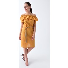 Miss Lusi 92210138 Keten Madonna Yaka Bel Kemerli Kısa Kol Elbise