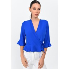 Miss Lusi 9363028 Kobe Kruvaze Eteği Kolu Fırfırlı Capri Kol Bluz