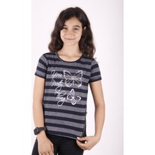Toontoy Kız Çocuk Çizgili Kelebek Baskılı T-Shirt