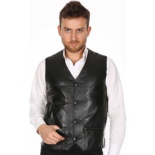 Deri Erkek Casual Siyah Deri Yelek