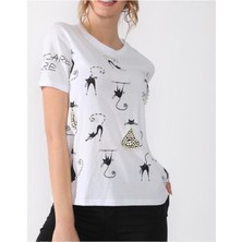 İpekPark GYM00062 %100 Pamuk Bisiklet Yaka Boyfriend Örme Incili  T-Shirt